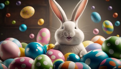 Obraz na płótnie Canvas Easter bunny with many colorful Easter eggs. Colorful Easter eggs. Easter concept. Generative AI