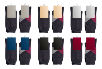 Set of new socks on a transparent background. Dark socks with clean label for design. isolated object