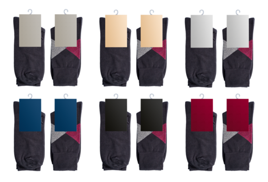 Set of new socks on a transparent background. Dark socks with clean label for design. isolated object