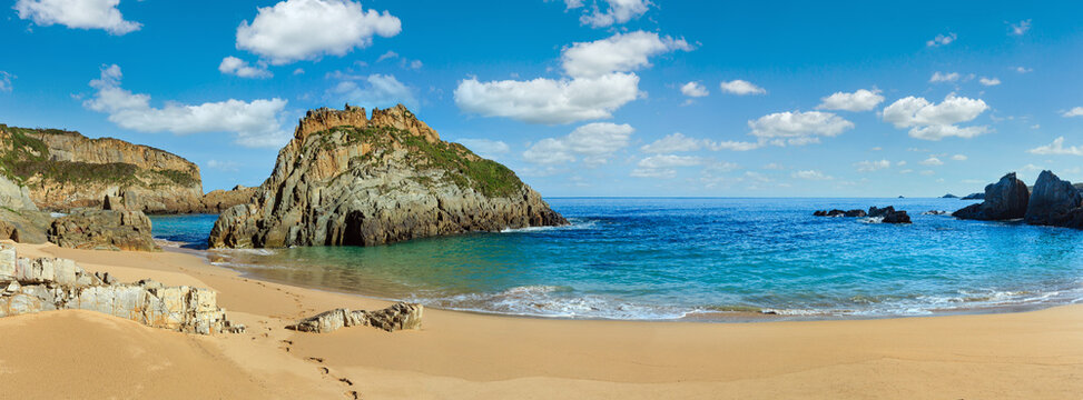 Sandy Mexota beach (Spain). Atlantic Ocean coastline landscape.