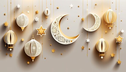 White and gold papercut 3D illustration of Arabic, Islamic traditional lanterns. Ramadan Kareem concept. Generative AI illustration