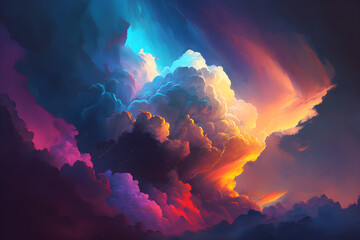 colorful synthwave sky whit dramatic clouds illustration, generative ai 