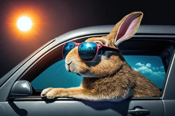 Foto auf Acrylglas Antireflex Cool bunny wearing glasses while driving in the car at summer. Summer concept. Generative AI illustration © Pajaros Volando