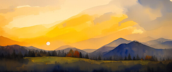 Mountain autumn landscape with snowy peaks. Panorama. Generative AI.