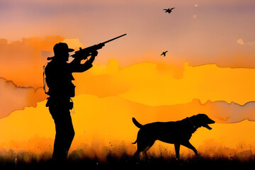 Fototapeta na wymiar Illustration of a man with weapons in his hands, a hunter with a dog. Generative AI.