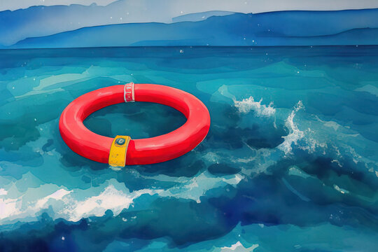 Illustration of a lifebuoy in the water. Generative AI.