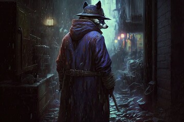 Obraz na płótnie Canvas A mischievous raccoon dressed in a detective's trench coat and hat, investigating a crime scene in a gritty urban environment. The mood is dark and mysterious, with deep blues and generative ai