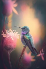 Fototapeta premium A beautiful and delicate photograph of a hummingbird perched on a vibrant flower, with soft bokeh in the background. The colors are pastel and ethereal, and the hummingbird's generative ai
