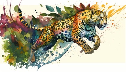 Fototapeta premium A beautifully rendered watercolor painting of a rainbow jaguar leaping through a lush green jungle, surrounded by vibrant splashes of color. The jaguar's coat is a stunning array generative ai 