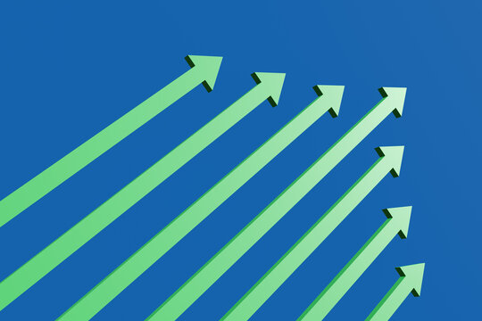 Many Green Up Arrows On Sky Blue Background. Illustration Of The Concept Of Increasing Trend Of Stock Prices, Interest Rates And Inflation