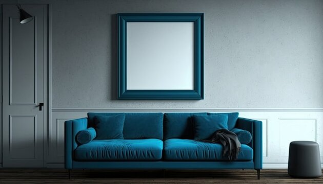 A blue sofa in a living room interior with a frame mockup, offering a cozy place to relax and catch up on your favorite shows or read a book. generative ai