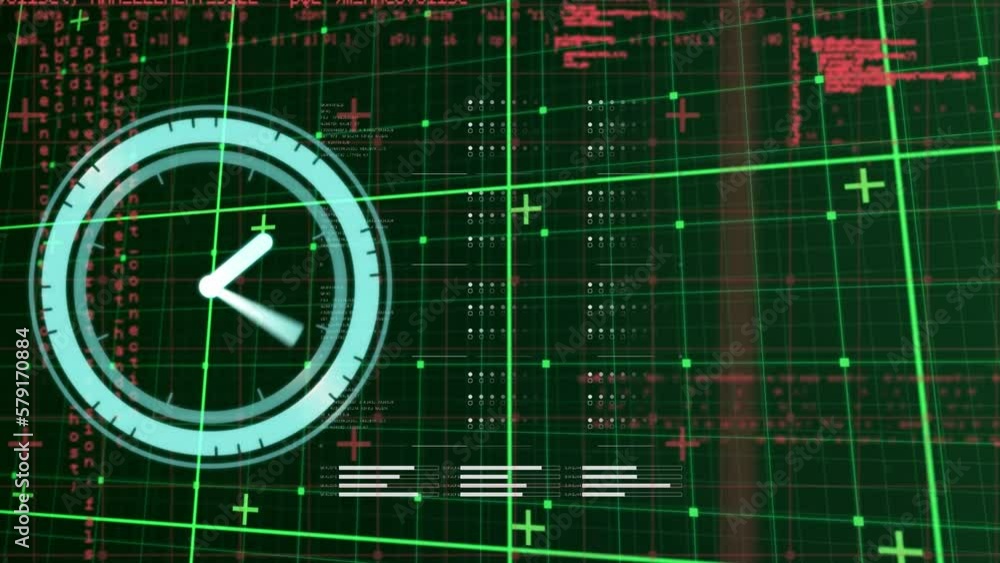 Poster animation of clock moving and data processing on black background