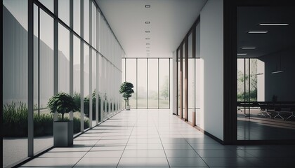 A contemporary office building with a minimalist design. The exterior is sleek and modern, featuring floor-to-ceiling windows that provide natural lighting. The interior is bright, airy, generative ai