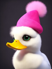 Cute duck with  in a pink knitted hat. Created with generative AI