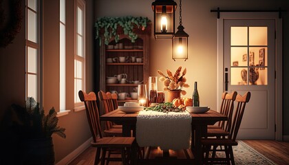 A cozy and inviting Farmhouse-style dining room, featuring a large wooden dining table and warm, earthy colors. The space is illuminated with soft, warm lighting, generative ai,