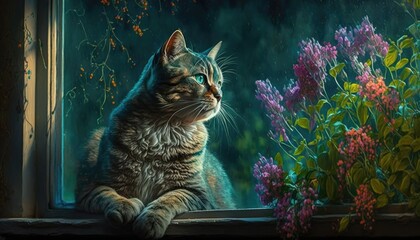 A curious cat with paint on its paws, perched on a windowsill and looking out into a lush garden. The background is a vibrant green with blooming flowers. The mood is playful and generative ai