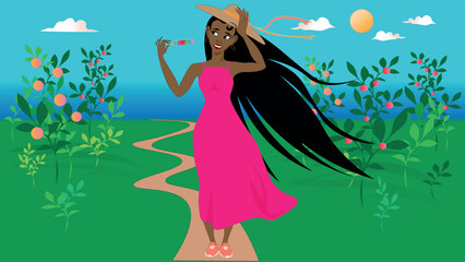 A beautiful girl with long hair in a dress and a straw hat is eating ice cream in the countryside in a summer garden of ripe peaches