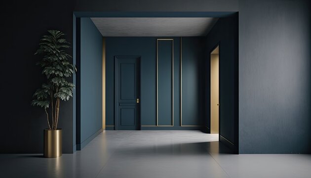 A dark blue walled empty room with a concrete floor that sets a moody, industrial vibe, accentuated by minimalist decor and a few well-placed accents of brass and gold. generative ai