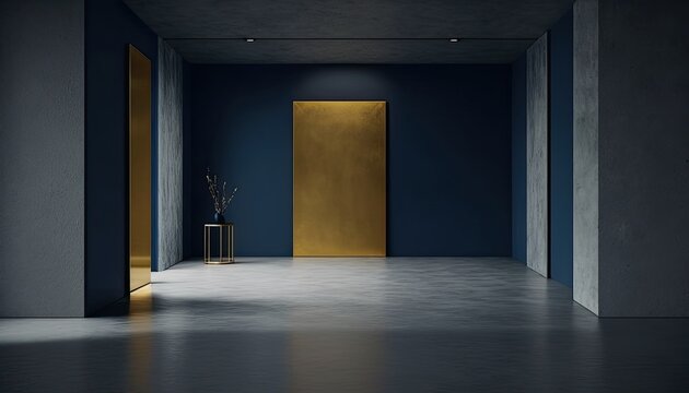 A dark blue walled empty room with a concrete floor that sets a moody, industrial vibe, accentuated by minimalist decor and a few well-placed accents of brass and gold. generative ai