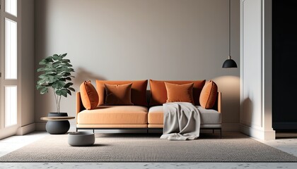 A minimal living room with a classic sofa and a soft, plush carpet, creating a cozy and comfortable environment perfect for relaxing. generative ai