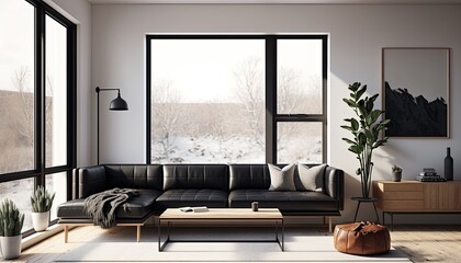 A minimalist living room with a neutral color palette, featuring a sleek sofa, a low wooden coffee table, and a shag rug. The room is flooded with natural light from the windows, generative ai