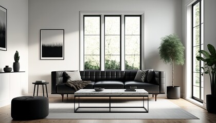 Fototapeta na wymiar A minimalist living room with a neutral color palette, featuring a sleek sofa, a low wooden coffee table, and a shag rug. The room is flooded with natural light from the windows, generative ai