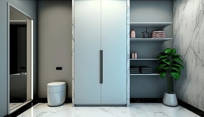 A modern design and marble tile toilet and bathroom and wardrobe with a walk-in closet, featuring a minimalist, high-end aesthetic. generative ai