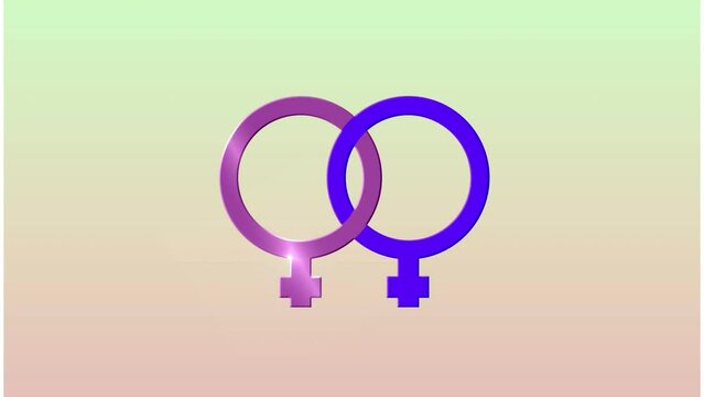 Animation of moving blue and pink lesbian symbol on beige background