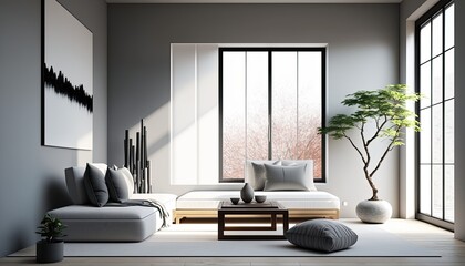 A sleek and modern Japanese-inspired living room, featuring minimalist design and a cool color palette of whites and grays. The space is illuminated with soft, natural light. generative ai