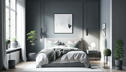 A sleek and modern Scandinavian-style bedroom, featuring minimalist design and a cool color palette of grays and whites. The space is illuminated with soft, natural light. Text space generative ai