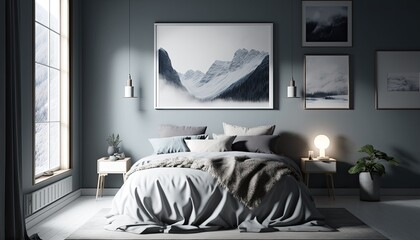 A sleek and modern Scandinavian-style bedroom, featuring minimalist design and a cool color palette of grays and whites. The space is illuminated with soft, natural light. Text space generative ai