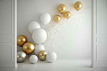 Empty white room with golden and white balloons near wall. Generative AI.