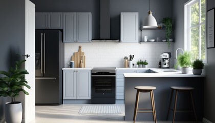 Fototapeta premium A sleek and modern Scandinavian-style kitchen, featuring minimalist design, a cool color palette of whites and grays. The space is filled with natural light, highlighting the clean lines generative ai