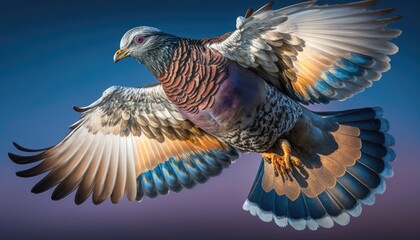 A stunning DSLR shot of a mealy-colored homing pigeon, captured mid-flight as it takes off from its home loft. The image is set against a vivid blue sky backdrop and features striking generative ai