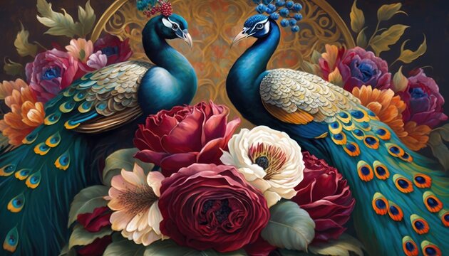 A stunning oil painting of peacocks surrounded by a vibrant bouquet of flowers. The colors are bold, striking, and the peacocks are depicted with intricate details, from their feathers generative ai