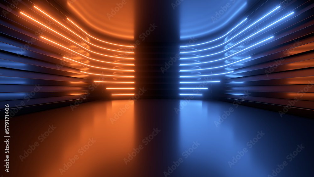 Poster sci fy neon glowing lines in a dark tunnel. reflections on the floor and ceiling. 3d rendering image