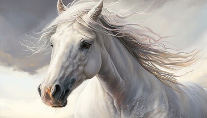 An ethereal and dreamy painting of a galloping white horse, set against a soft, cloudy sky background. The horse's mane and tail are rendered with fluid brushstrokes and delicate pastel generative ai