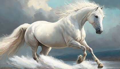 Naklejka na ściany i meble An ethereal and dreamy painting of a galloping white horse, set against a soft, cloudy sky background. The horse's mane and tail are rendered with fluid brushstrokes and delicate pastel generative ai