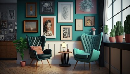 An interior design with photo frames and nice chairs generative ai