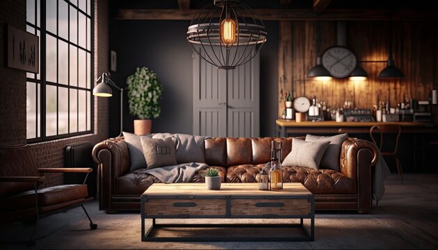 An industrial-inspired living room with a mix of metal and wood elements, featuring a distressed leather sofa and a salvaged wood coffee table. generative ai,