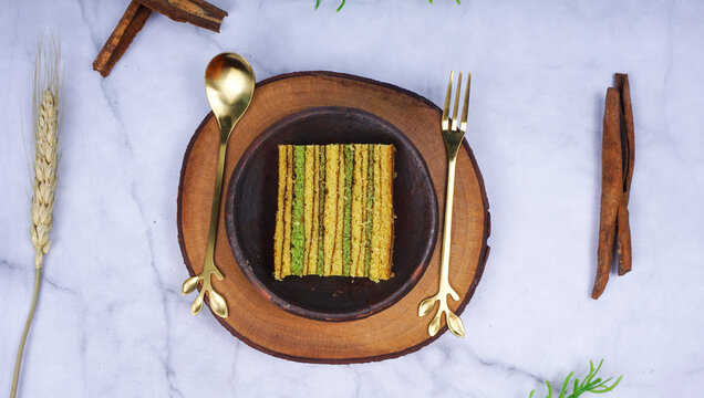 Flat Lay Concept - Sliced of indonesian thousand layer cake or lapis legit cake
