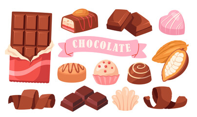 Set of chocolate icons. Stickers or illustrations with chocolate bar, sweet candies and cocoa beans. Delicious desserts and confectionery. Cartoon flat vector collection isolated on white background