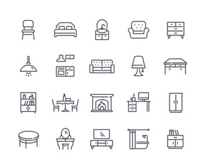 Set of Simple Furniture Related Icons. Bed, armchair, kitchen, dining table, light fixture, fireplace and bathroom. Design elements for app. Cartoon linear vector collection isolated on white
