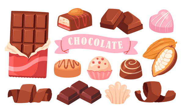Set of chocolate icons. Stickers or illustrations with chocolate bar, sweet candies and cocoa beans. Delicious desserts and confectionery. Cartoon flat vector collection isolated on white background