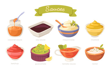 Set of Various sauces in bowls. Small jars with mustard, mayonnaise, ketchup, guacamole, tartare, soy, tomato and caramel sauce for snacks. Design for cafe menu. Cartoon flat vector collection