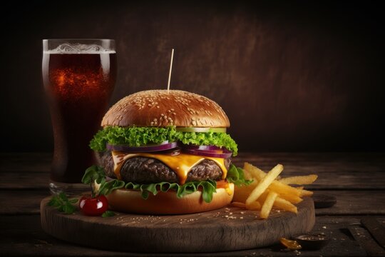 Product shot of a fresh large hamburger or cheeseburger with side dishes and drinks (generative AI)