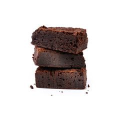Three pieces of brownies stacked isolated over white background