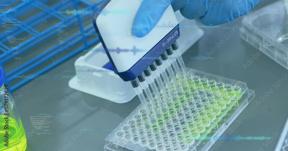 Poster animation of data processing over scientist taking samples in lab