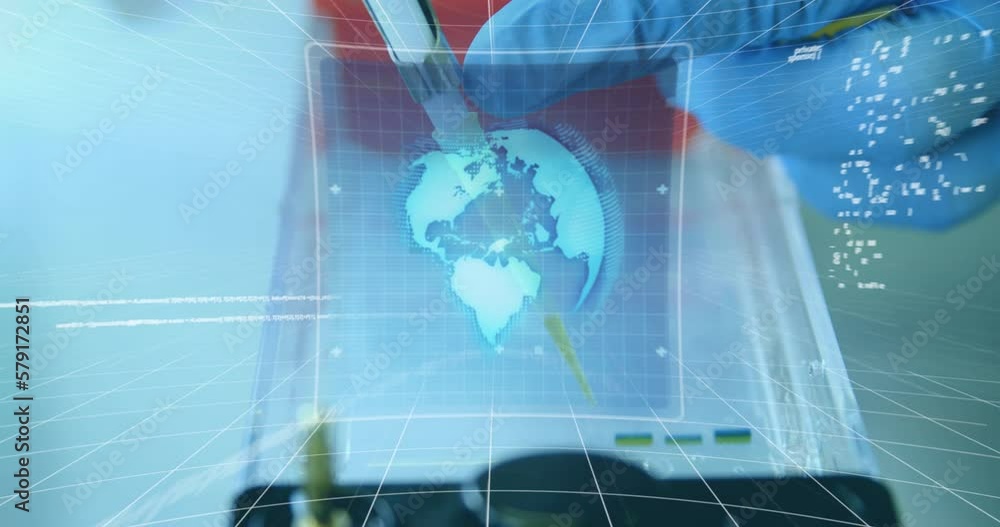 Poster animation of data processing and globe over scientist taking sample in lab