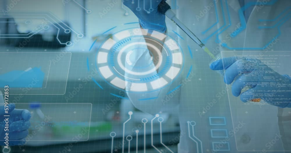 Poster animation of data processing and scope scanning over caucasian scientists taking samples